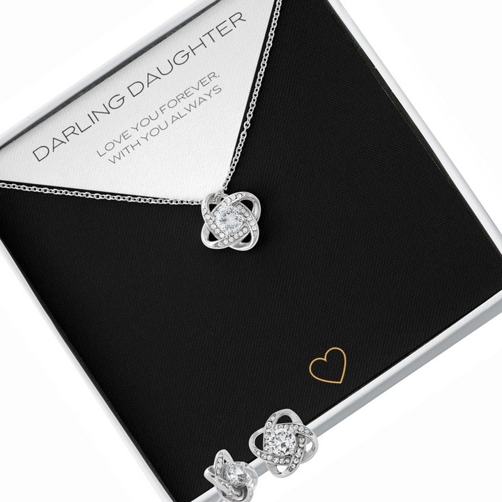 14k Daughter Love Knot Earring & Necklace Cubic Zirconia Set