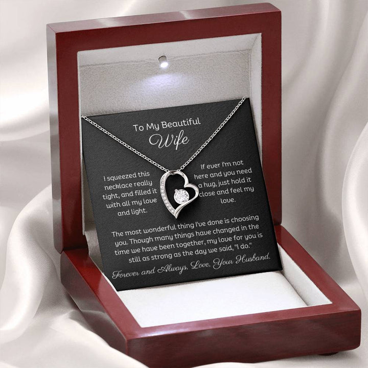 To My Beautiful Wife Forever Love Heart Necklace, Free Earrings and a beautiful heartfelt message. 14k White Gold finish.