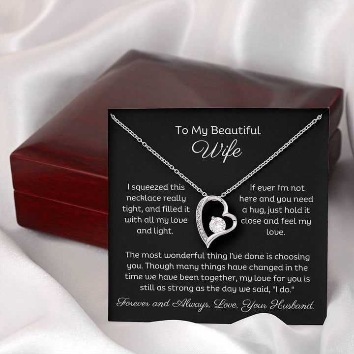 To My Beautiful Wife Forever Love Heart Necklace, Free Earrings and a beautiful heartfelt message. 14k White Gold finish.