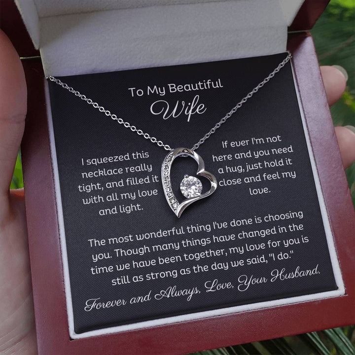 To My Beautiful Wife Forever Love Heart Necklace, Free Earrings and a beautiful heartfelt message. 14k White Gold finish.