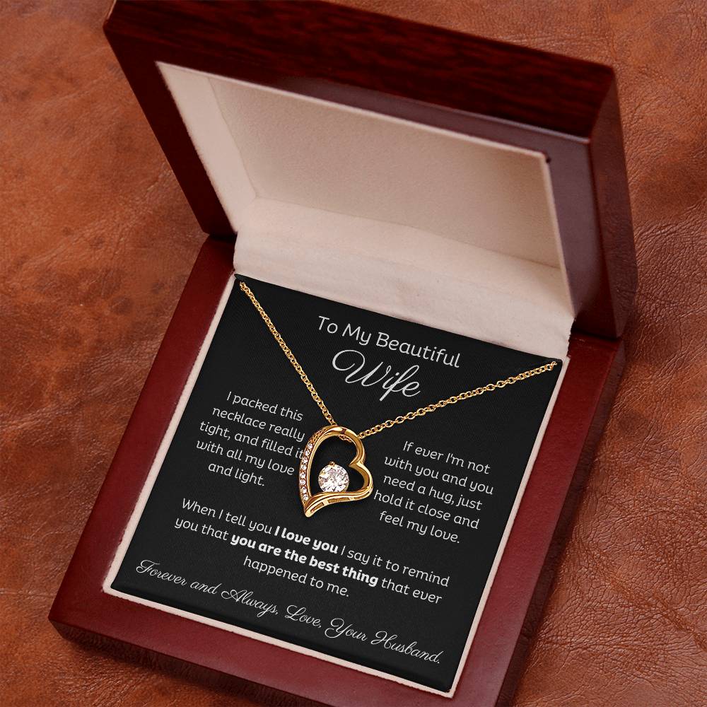 Beautiful Wife Heart Shape Pendant Necklace 14k white gold finish or 18k yellow gold finish 6.5mm round cut cubic zirconia stone with a heartfelt message