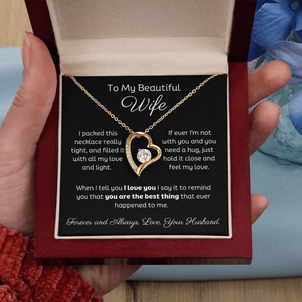 Beautiful Wife Heart Shape Pendant Necklace 14k white gold finish or 18k yellow gold finish 6.5mm round cut cubic zirconia stone with a heartfelt message