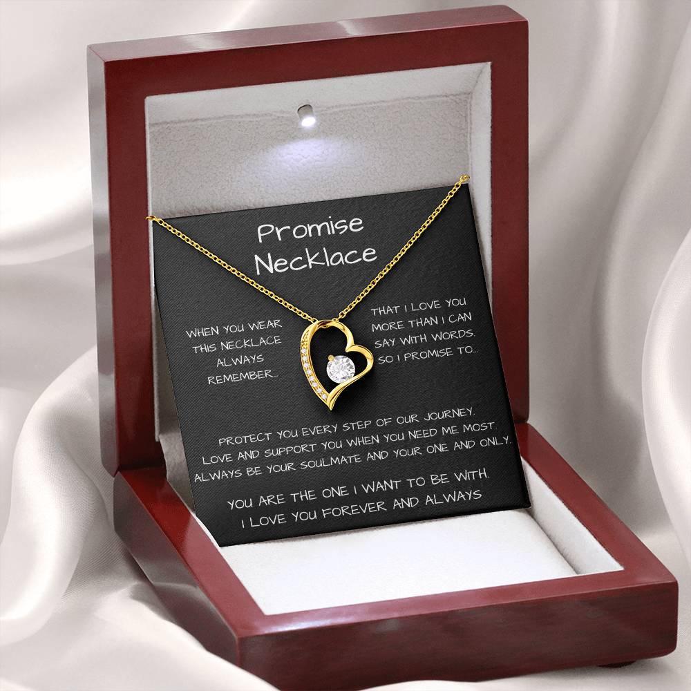 Promise Heart Shape Pendant Necklace 14k white gold finish or 18k yellow gold finish 6.5mm round cut cubic zirconia stone with a heartfelt promise message