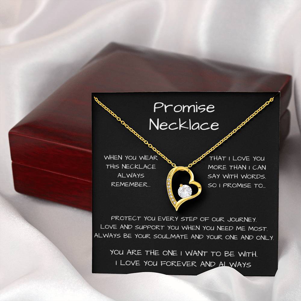 Promise Heart Shape Pendant Necklace 14k white gold finish or 18k yellow gold finish 6.5mm round cut cubic zirconia stone with a heartfelt promise message