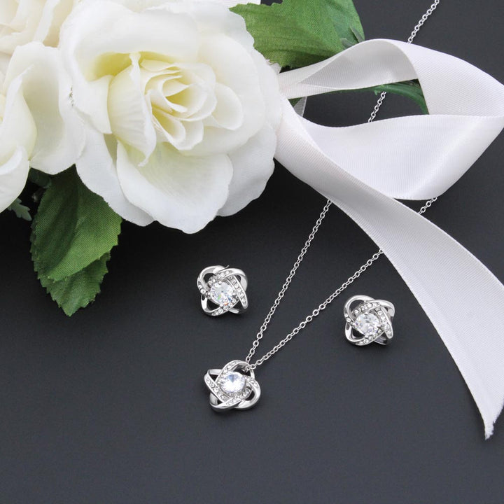 14k Daughter Love Knot Earring & Necklace Cubic Zirconia Set