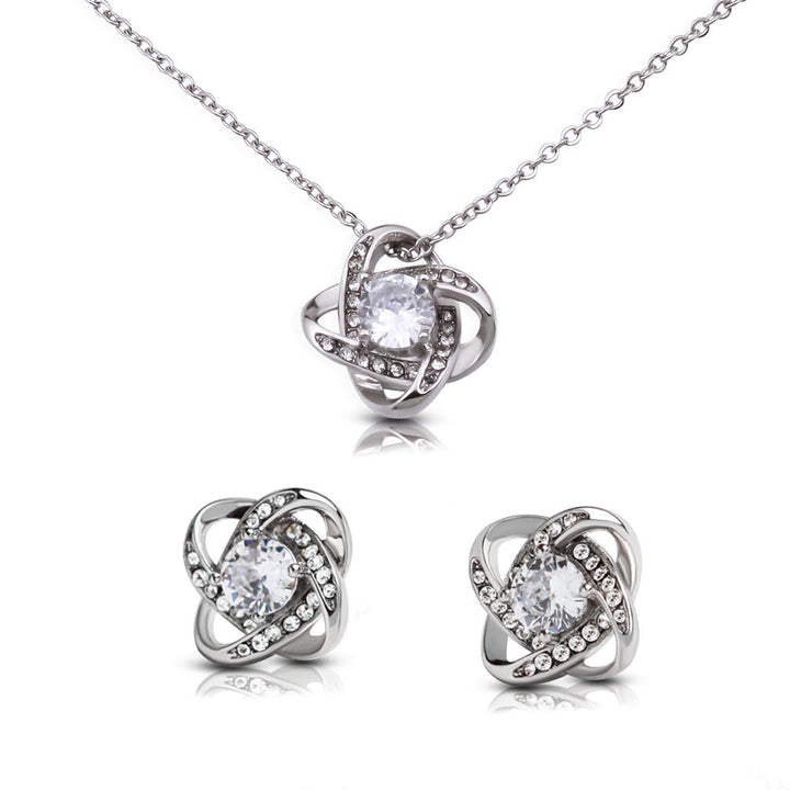 14k Daughter Love Knot Earring & Necklace Cubic Zirconia Set