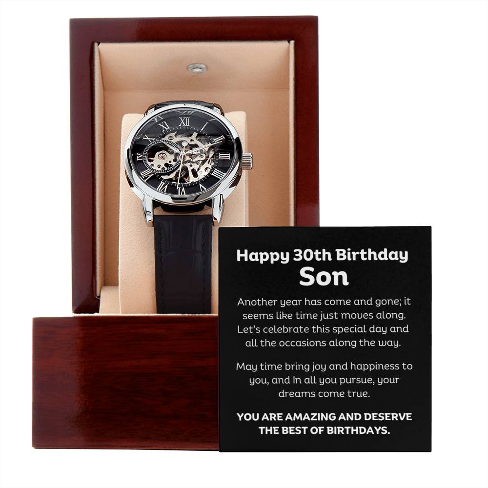 This see through mechanical watch and leather strap is crafted to be automatically wound up. Comes with Happy 30th Birthday message Son.