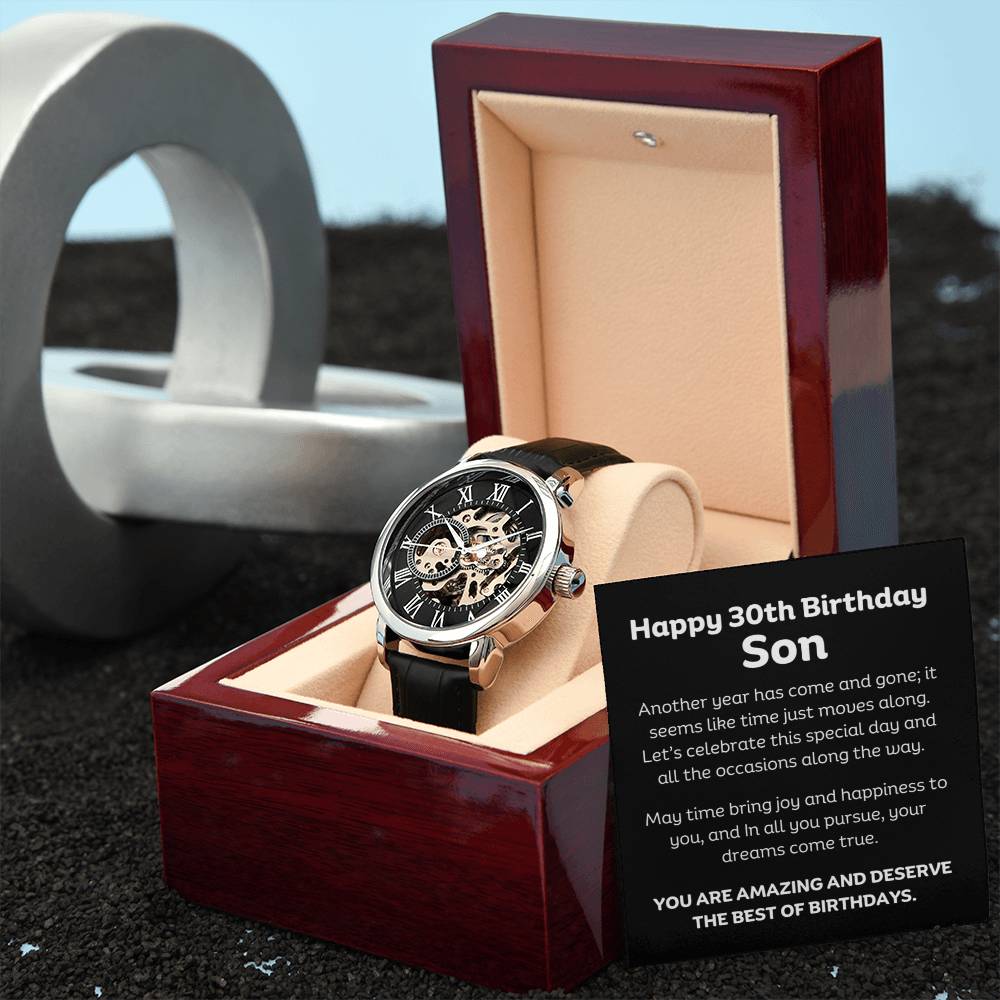 This see through mechanical watch and leather strap is crafted to be automatically wound up. Comes with Happy 30th Birthday message Son.