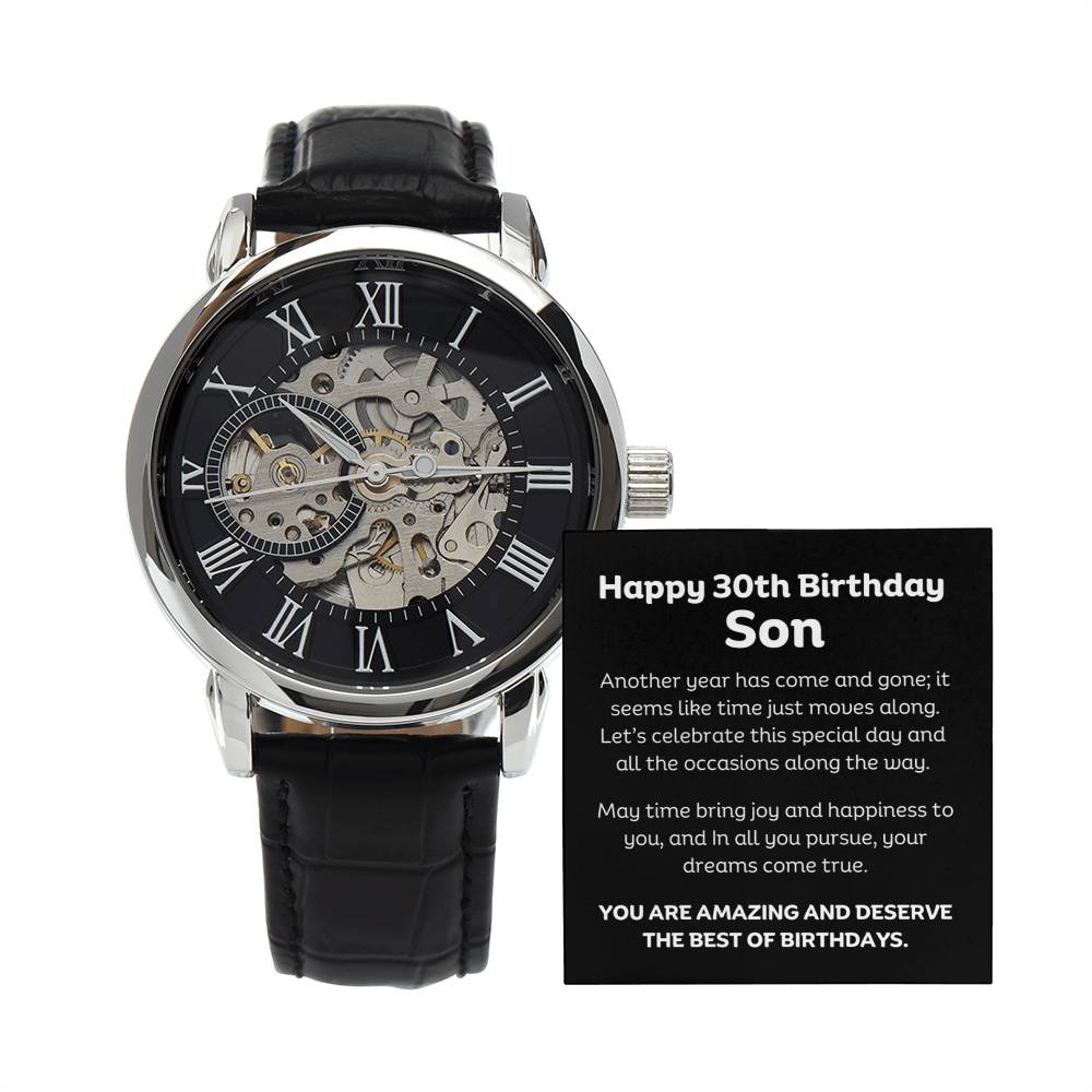 This see through mechanical watch and leather strap is crafted to be automatically wound up. Comes with Happy 30th Birthday message Son. 