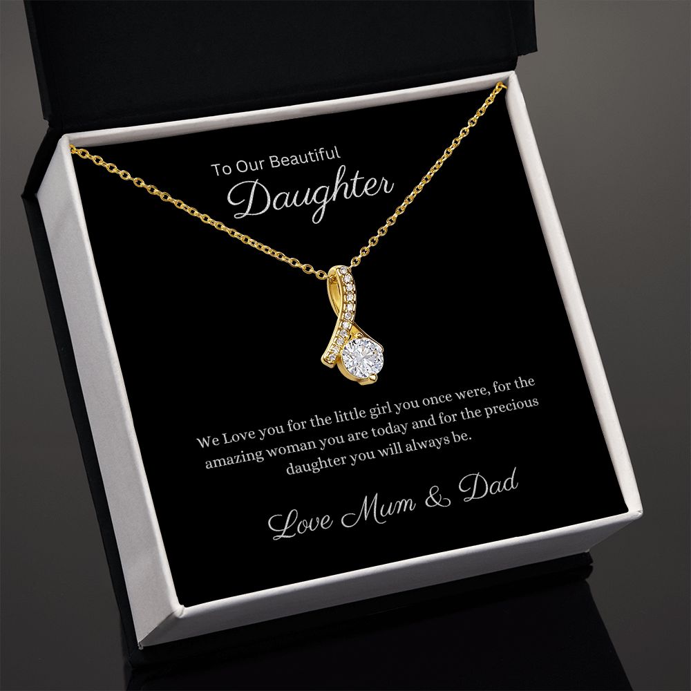 Daughter Petite Ribbon Pendant Necklace, 14k White or 18k Yellow Gold Finish