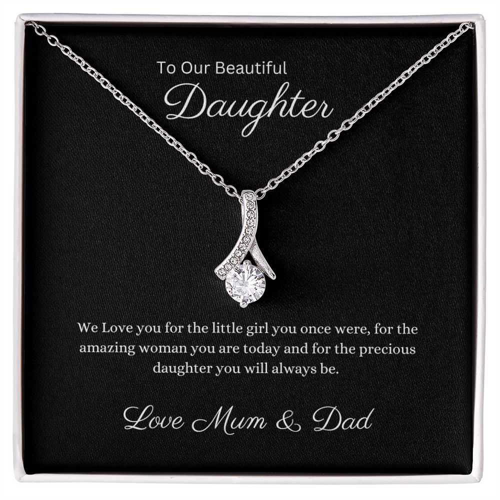 Daughter Petite Ribbon Pendant Necklace, 14k White or 18k Yellow Gold Finish