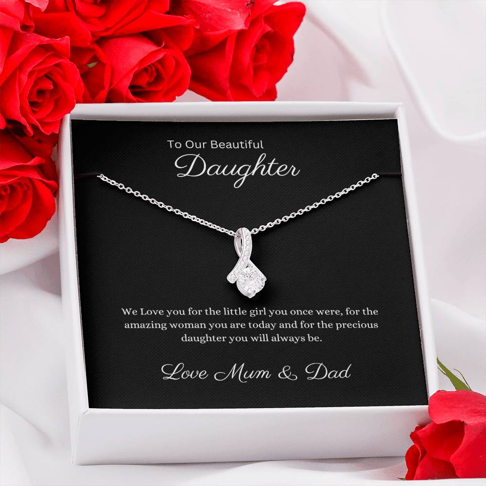 Daughter Petite Ribbon Pendant Necklace, 14k White or 18k Yellow Gold Finish