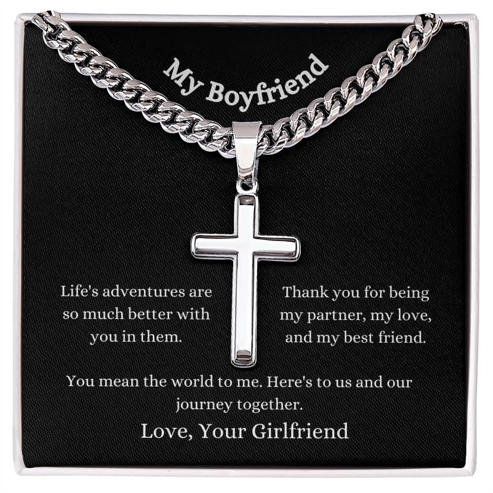 Personalised Boyfriend Stainless Steel Cross Necklace On Cuban Chain