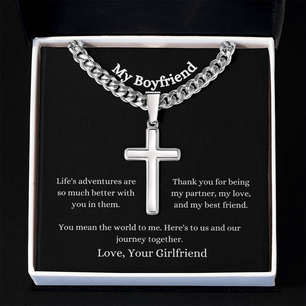 Personalised Boyfriend Stainless Steel Cross Necklace On Cuban Chain