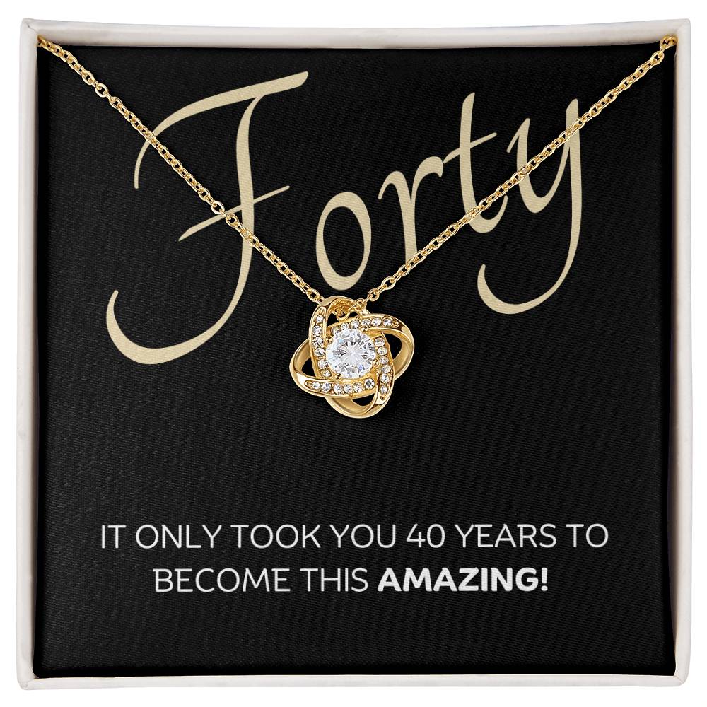 40th Birthday, Beautiful Love Knot 14k or 18k finish Necklace. Features a beautiful pendant embellished with premium cubic zirconia crystals and heartfelt message card.