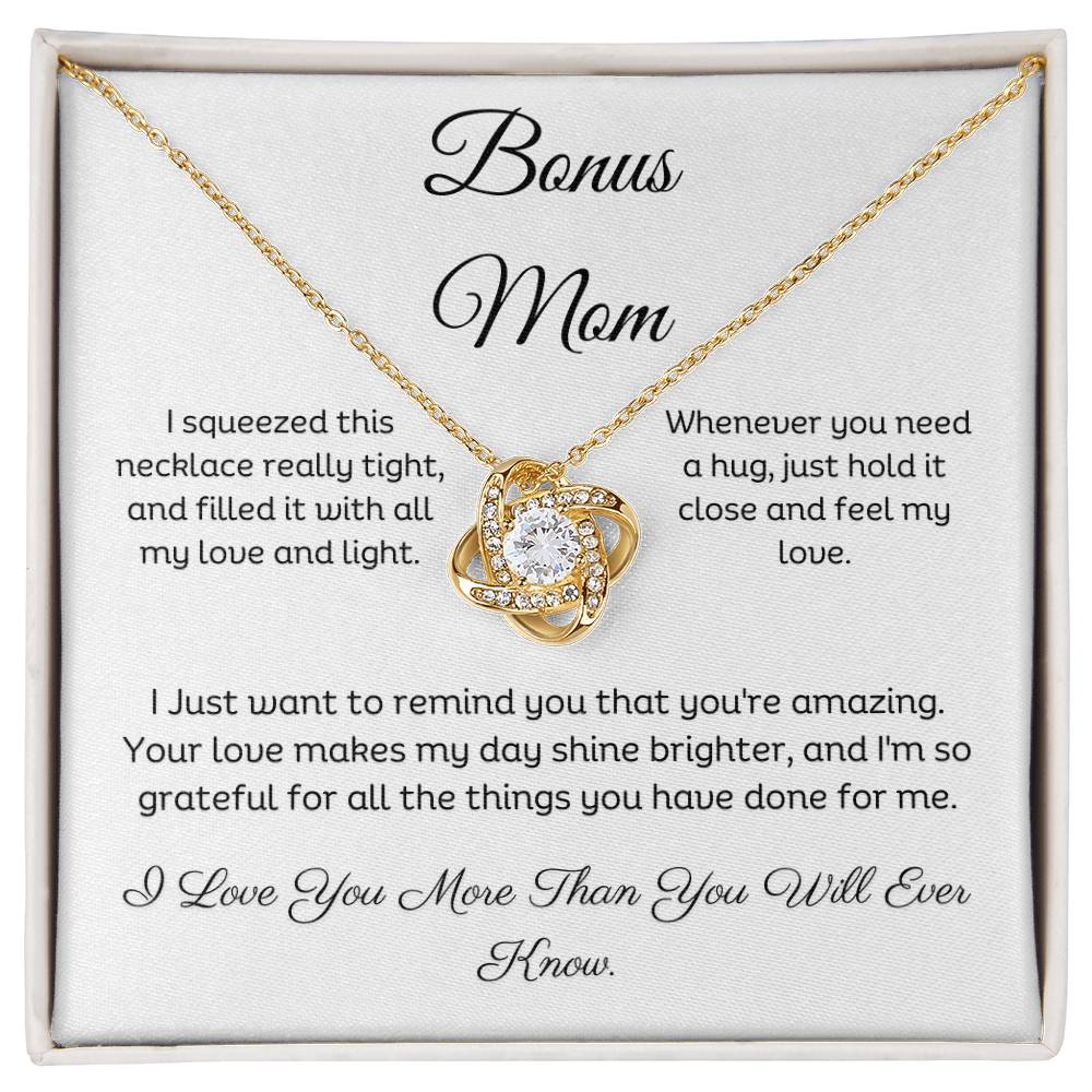 Bonus Mom, Beautiful Love Knot 14k or 18k finish Necklace. Features a beautiful pendant embellished with premium cubic zirconia crystals and heartfelt message card.