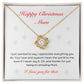 The Best Christmas Gift For Mum. Happy Christmas Mum Love Knot Necklace with heartfelt message. 14k white gold or 18k yellow gold finish.