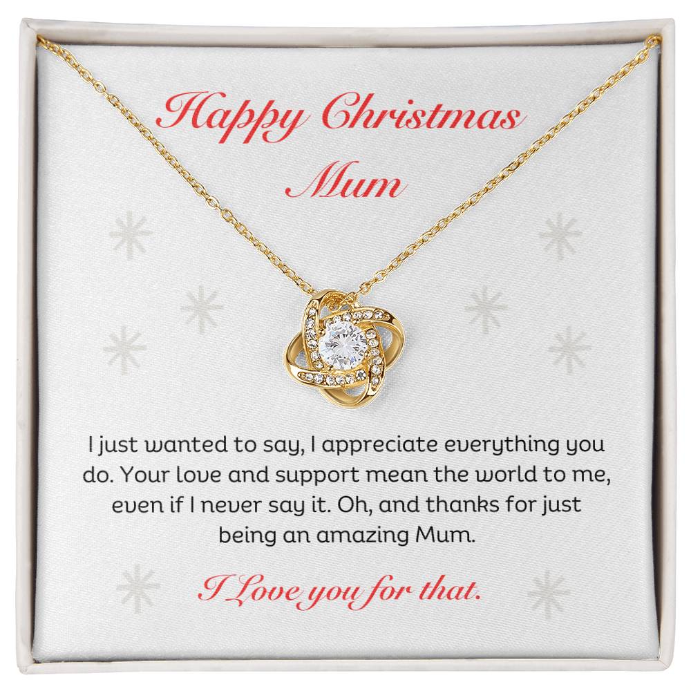 The Best Christmas Gift For Mum. Happy Christmas Mum Love Knot Necklace with heartfelt message. 14k white gold or 18k yellow gold finish.