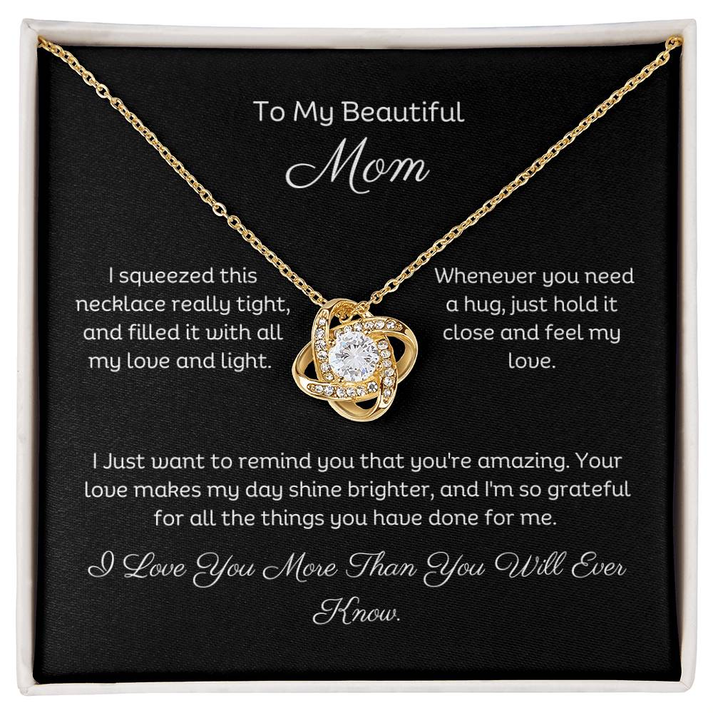 To My Mom, Beautiful Love Knot 14k or 18k finish Necklace. Features a beautiful pendant embellished with premium cubic zirconia crystals and heartfelt message card.