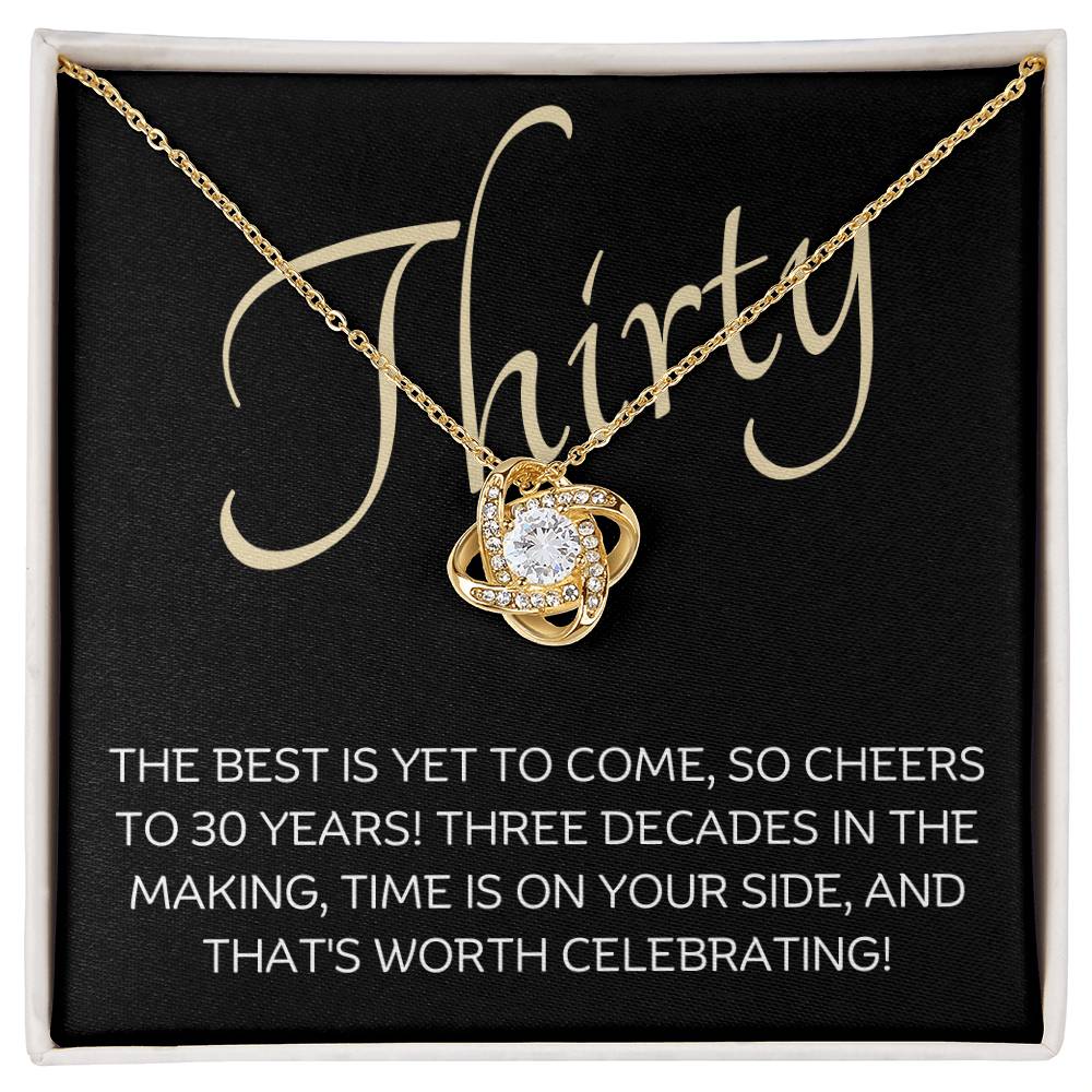 30th Birthday, Beautiful Love Knot 14k or 18k finish Necklace. Features a beautiful pendant embellished with premium cubic zirconia crystals and heartfelt message card.