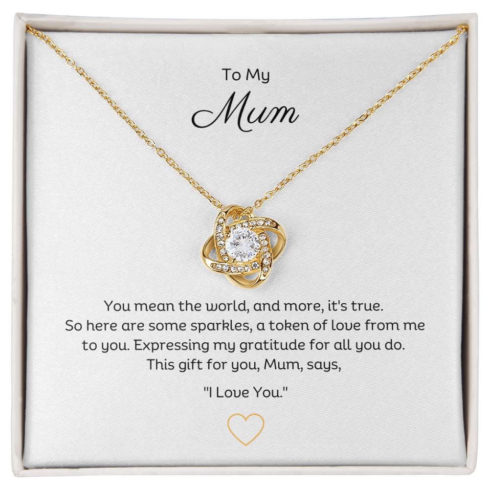 To My Mum, Beautiful Love Knot 14k or 18k finish Necklace. Features a beautiful pendant embellished with premium cubic zirconia crystals.