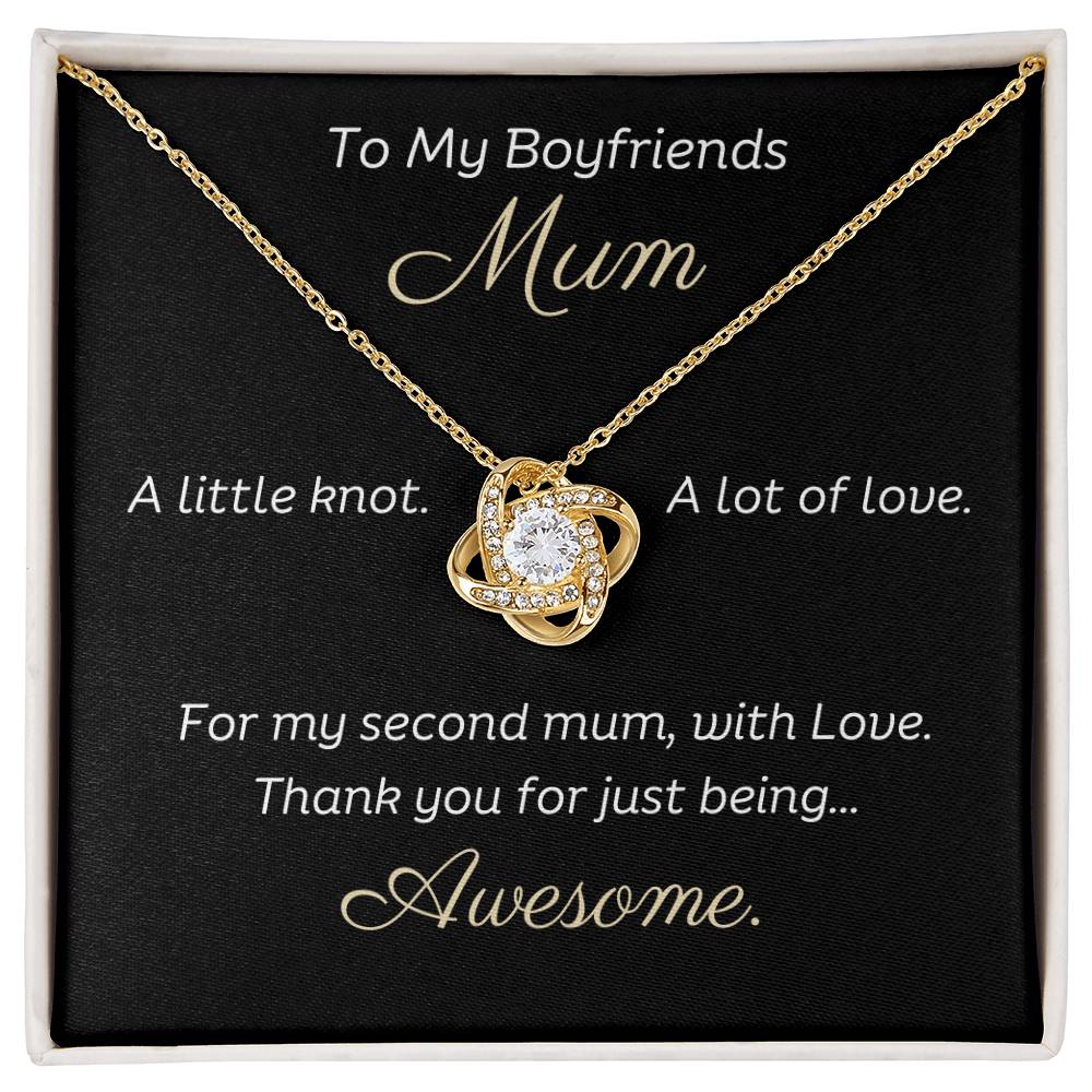 To My Boyfriends Mum Beautiful Love Knot 14k or 18k finish Necklace. Features a beautiful pendant embellished with premium cubic zirconia crystals and heartfelt message card.