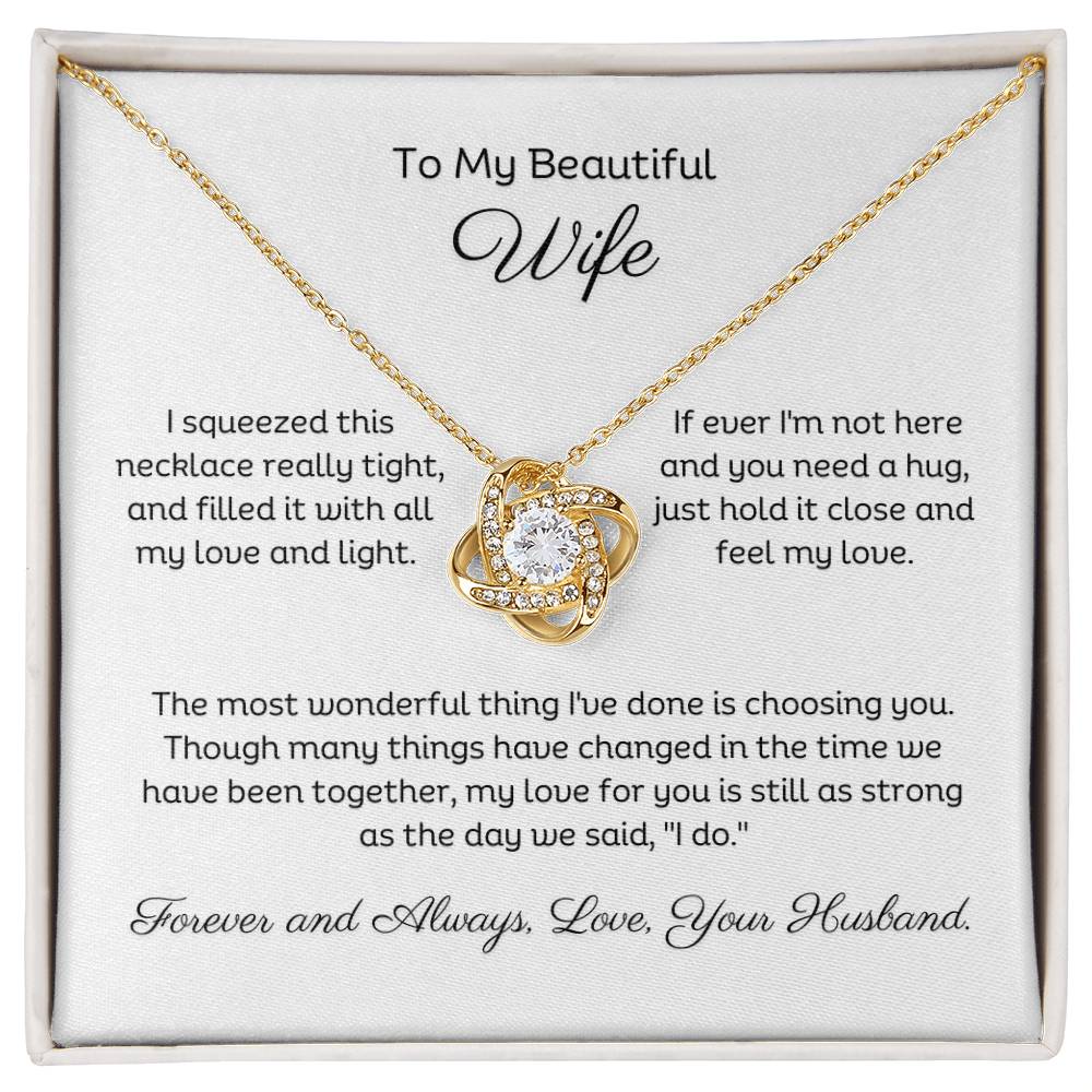 14k white gold or 18k yellow gold finish wife love knot pendant necklace with cubic zirconia crystals, including personalised message