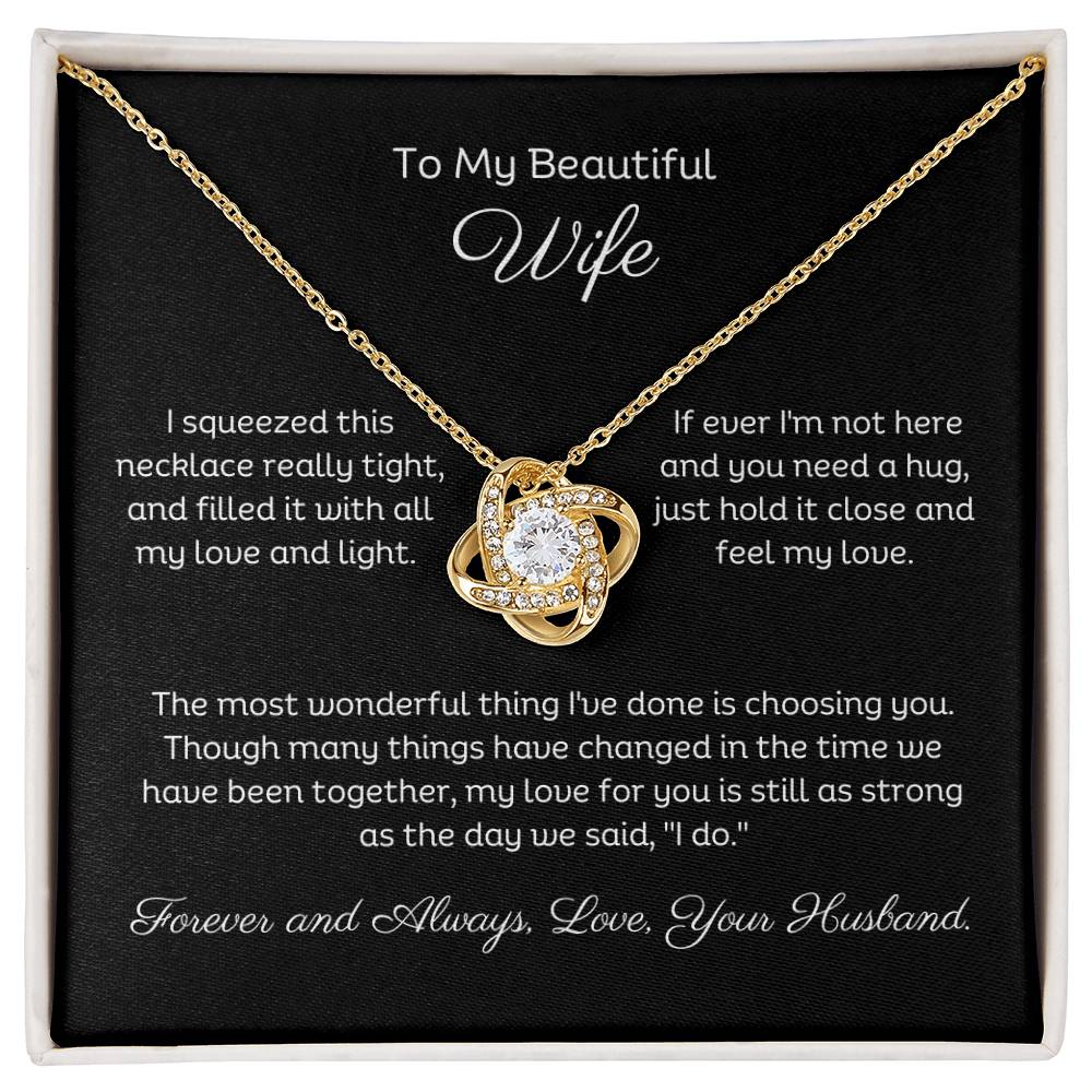 14k white gold or 18k yellow gold finish wife love knot pendant necklace with cubic zirconia crystals, including personalised message