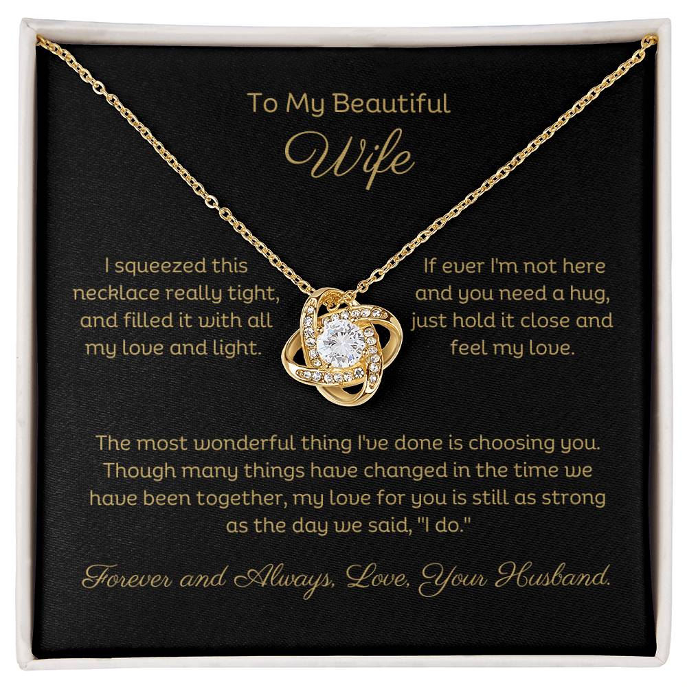 14k white gold or 18k yellow gold finish wife love knot pendant necklace with cubic zirconia crystals, including personalised message