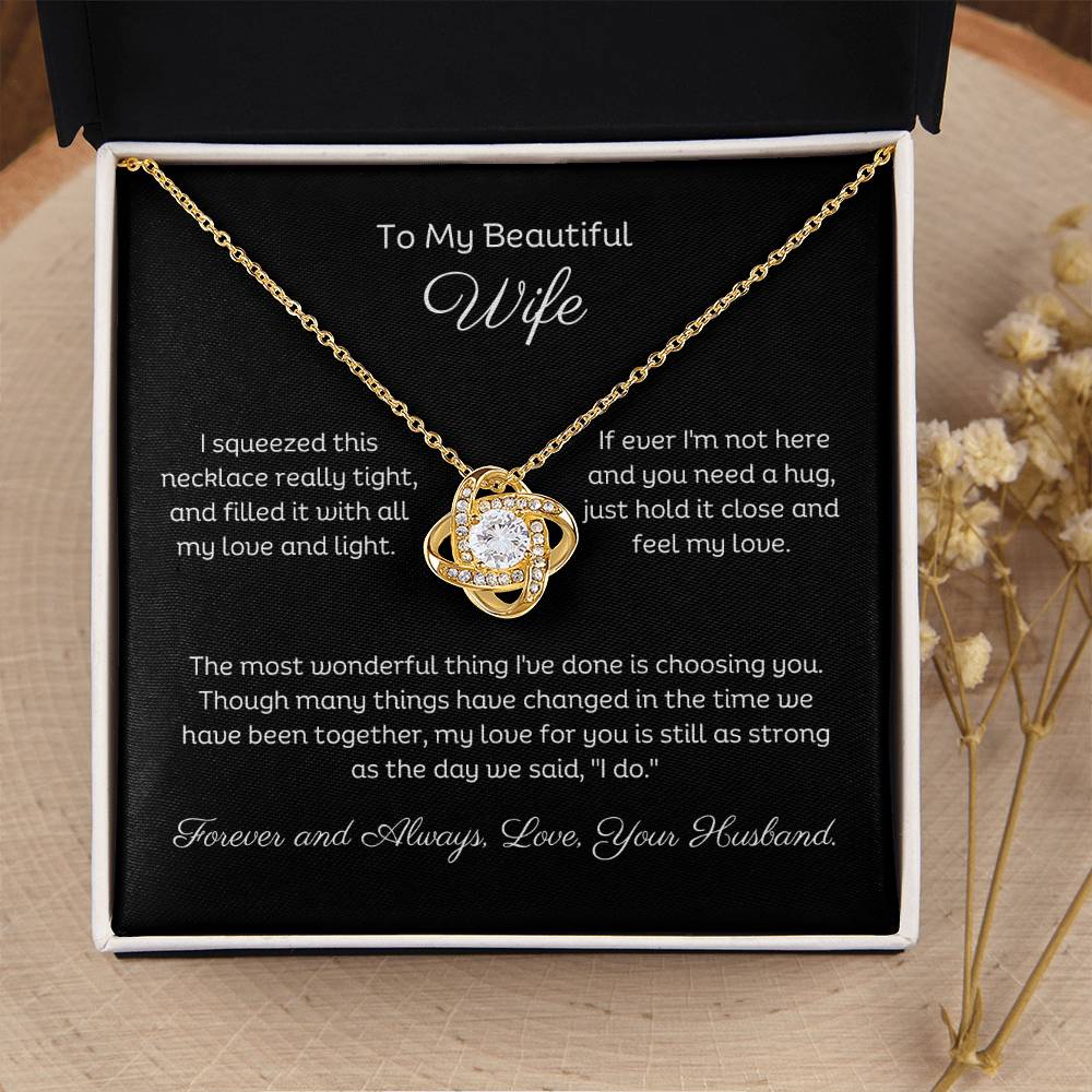 14k white gold or 18k yellow gold finish wife love knot pendant necklace with cubic zirconia crystals, including personalised message