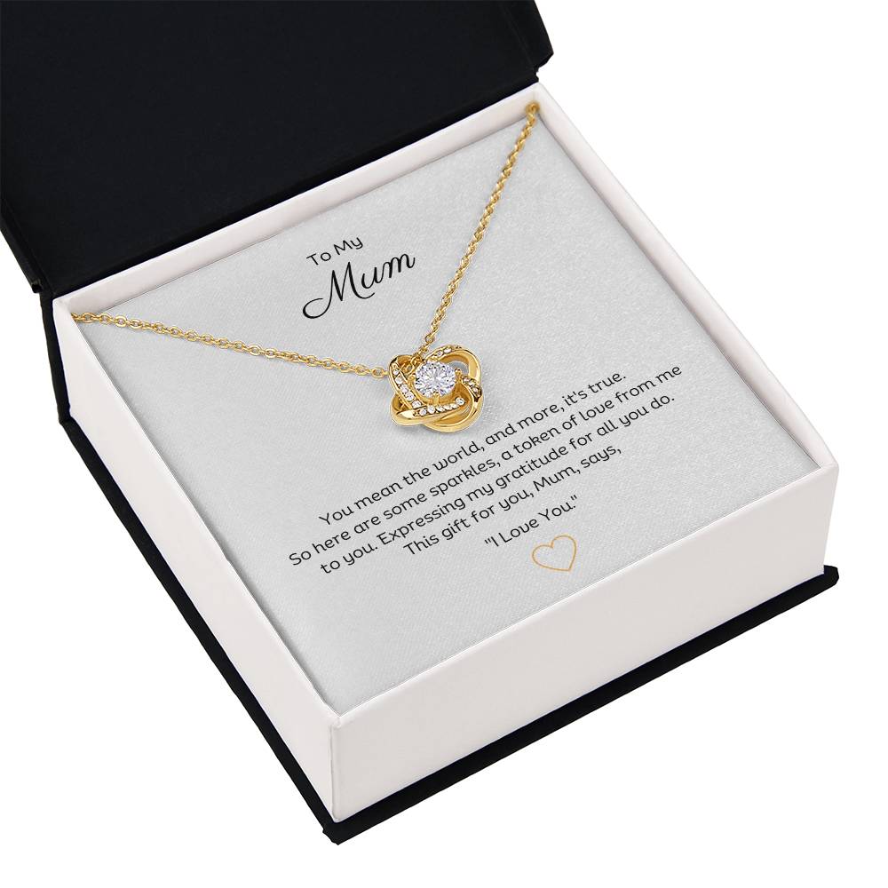 To My Mum, Beautiful Love Knot 14k or 18k finish Necklace. Features a beautiful pendant embellished with premium cubic zirconia crystals.