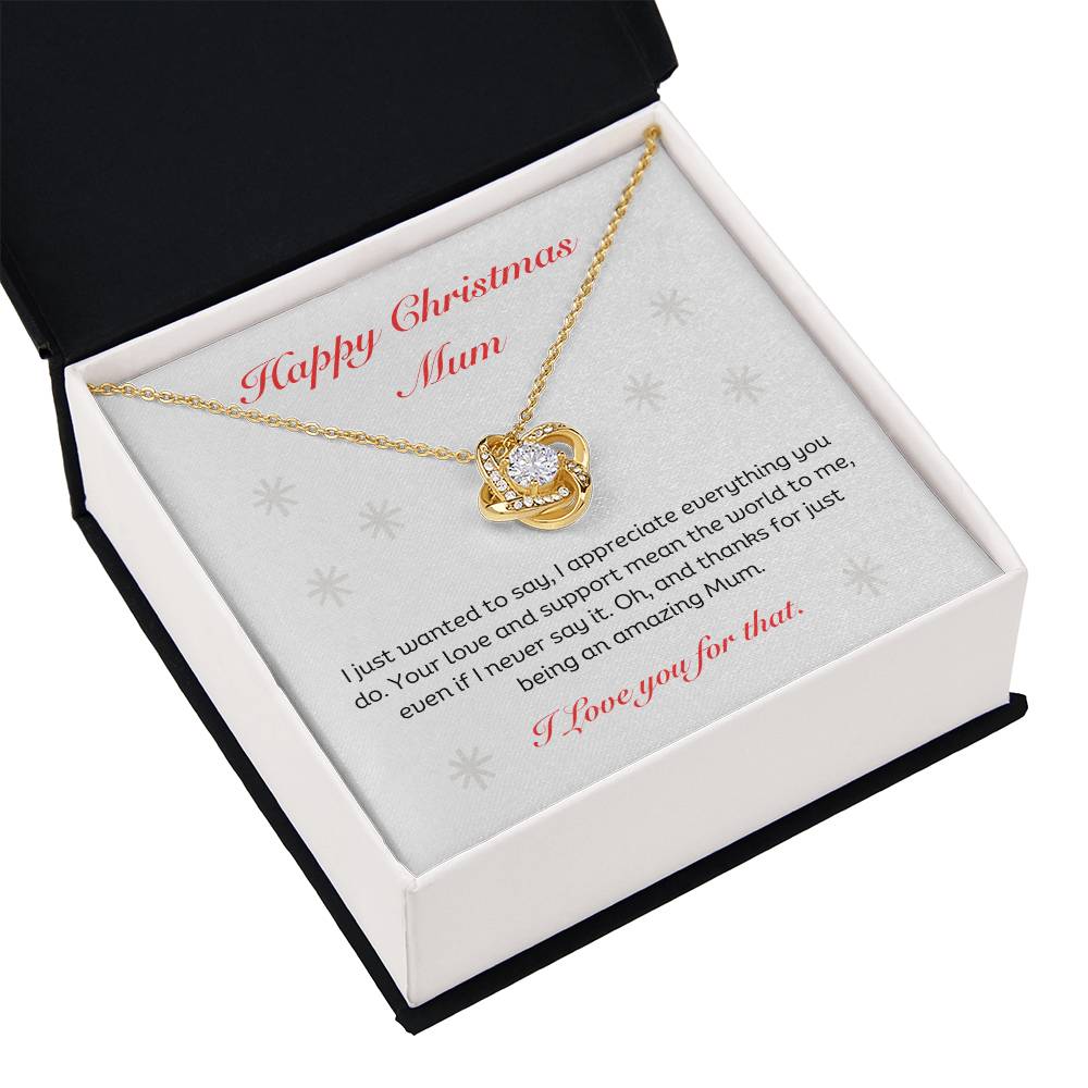 The Best Christmas Gift For Mum. Happy Christmas Mum Love Knot Necklace with heartfelt message. 14k white gold or 18k yellow gold finish.