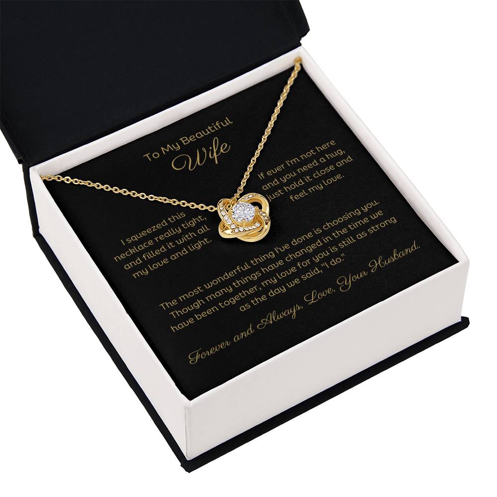 14k white gold or 18k yellow gold finish wife love knot pendant necklace with cubic zirconia crystals, including personalised message