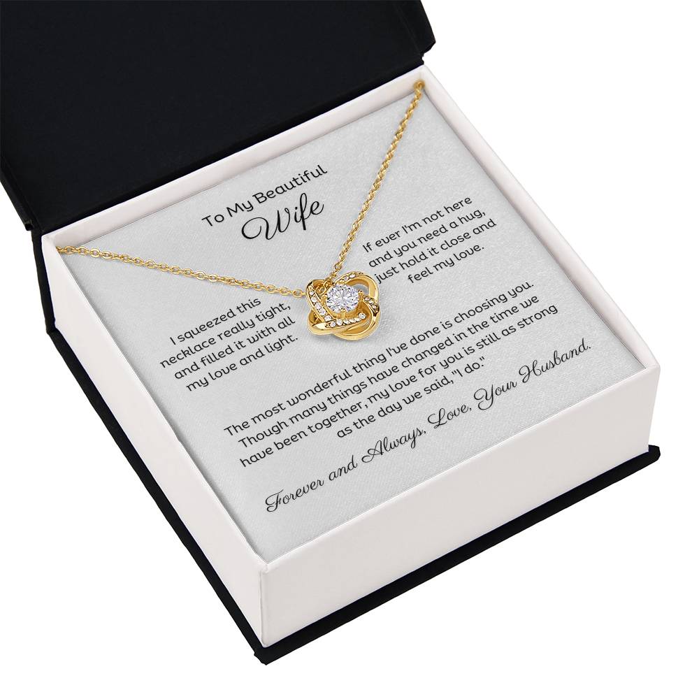 14k white gold or 18k yellow gold finish wife love knot pendant necklace with cubic zirconia crystals, including personalised message