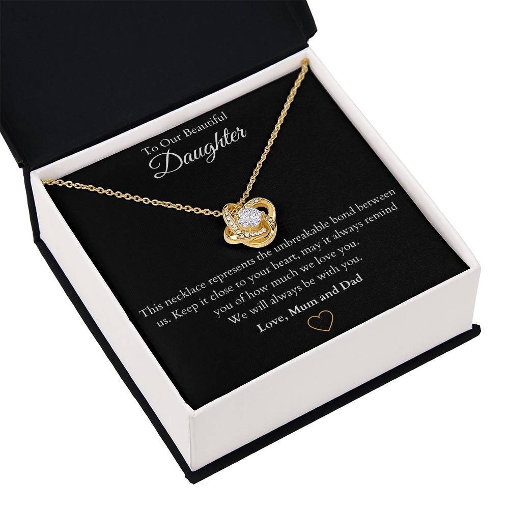 14k white gold or 18k yellow gold finish wife love knot pendant necklace with cubic zirconia crystals, including personalised message