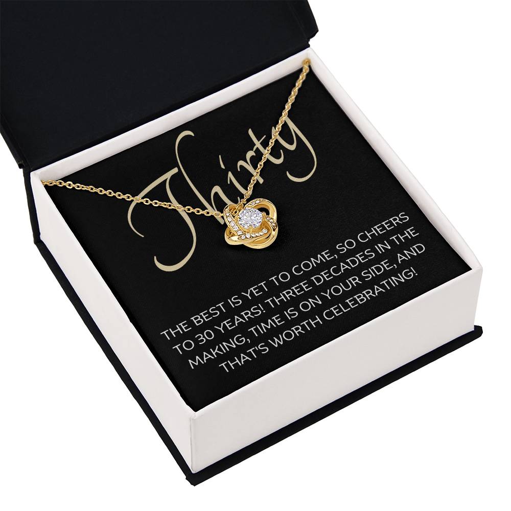 30th Birthday, Beautiful Love Knot 14k or 18k finish Necklace. Features a beautiful pendant embellished with premium cubic zirconia crystals and heartfelt message card.