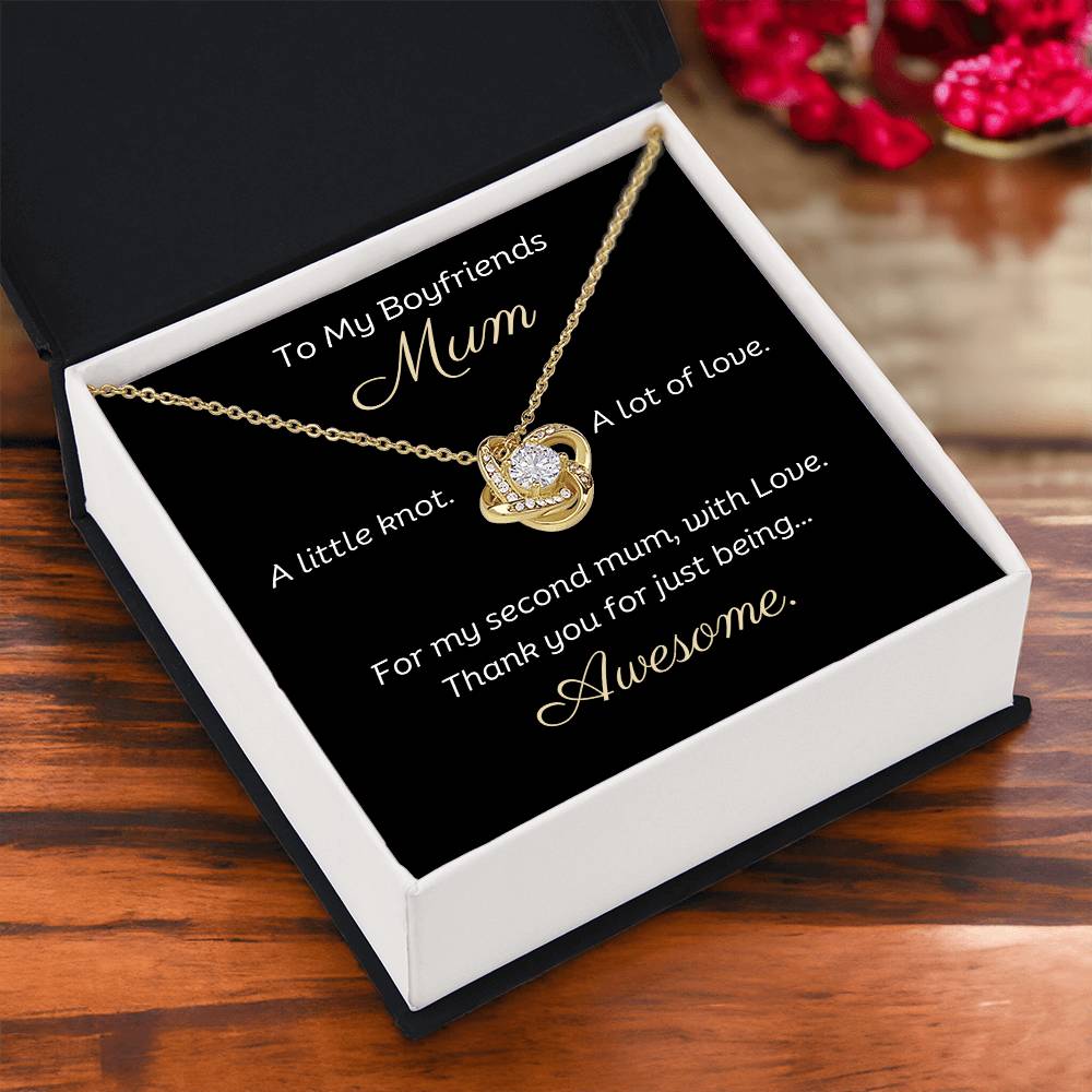 To My Boyfriends Mum Beautiful Love Knot 14k or 18k finish Necklace. Features a beautiful pendant embellished with premium cubic zirconia crystals and heartfelt message card.