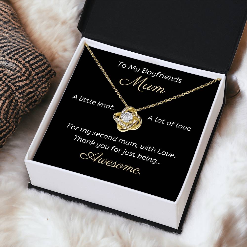 To My Boyfriends Mum Beautiful Love Knot 14k or 18k finish Necklace. Features a beautiful pendant embellished with premium cubic zirconia crystals and heartfelt message card.