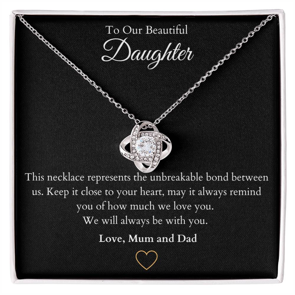 14k white gold or 18k yellow gold finish wife love knot pendant necklace with cubic zirconia crystals, including personalised message