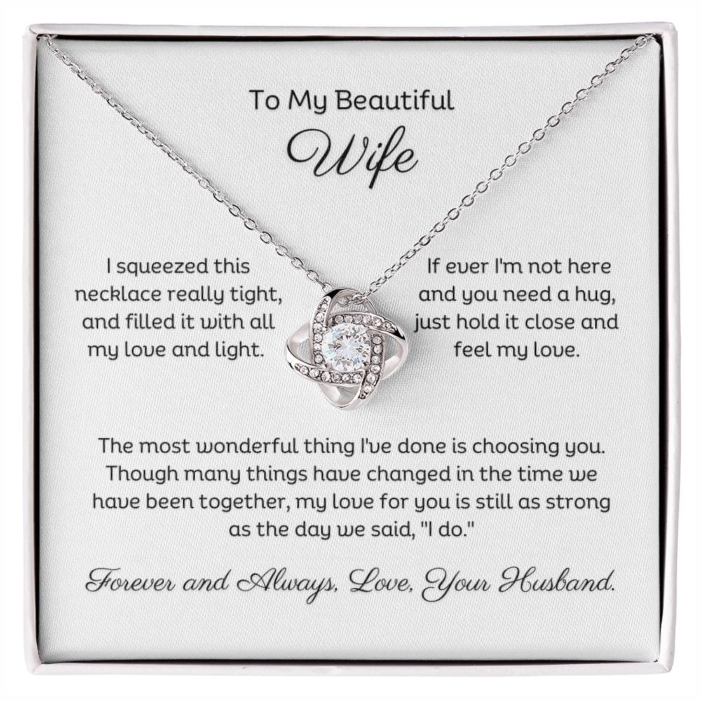 14k white gold or 18k yellow gold finish wife love knot pendant necklace with cubic zirconia crystals, including personalised message