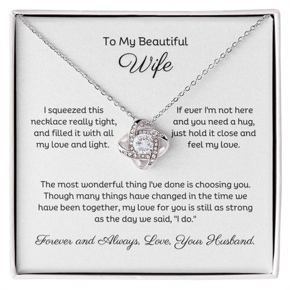 14k white gold or 18k yellow gold finish wife love knot pendant necklace with cubic zirconia crystals, including personalised message