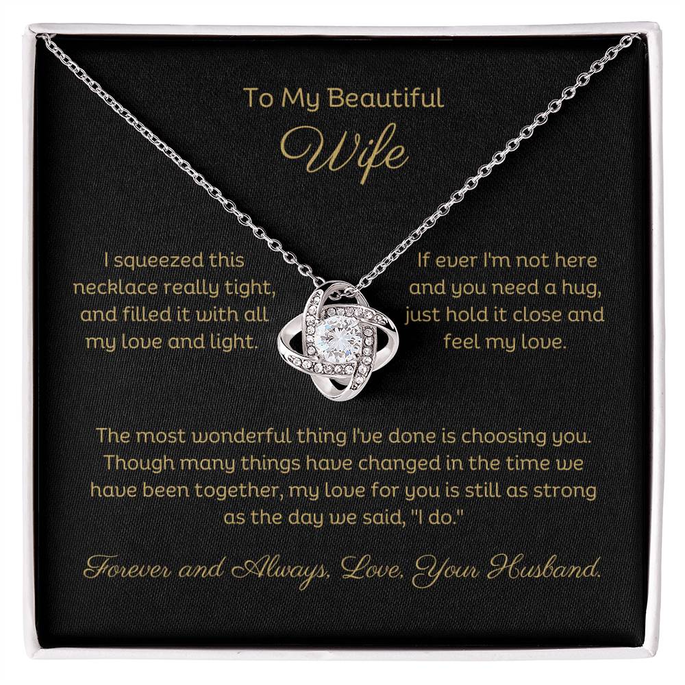 14k white gold or 18k yellow gold finish wife love knot pendant necklace with cubic zirconia crystals, including personalised message