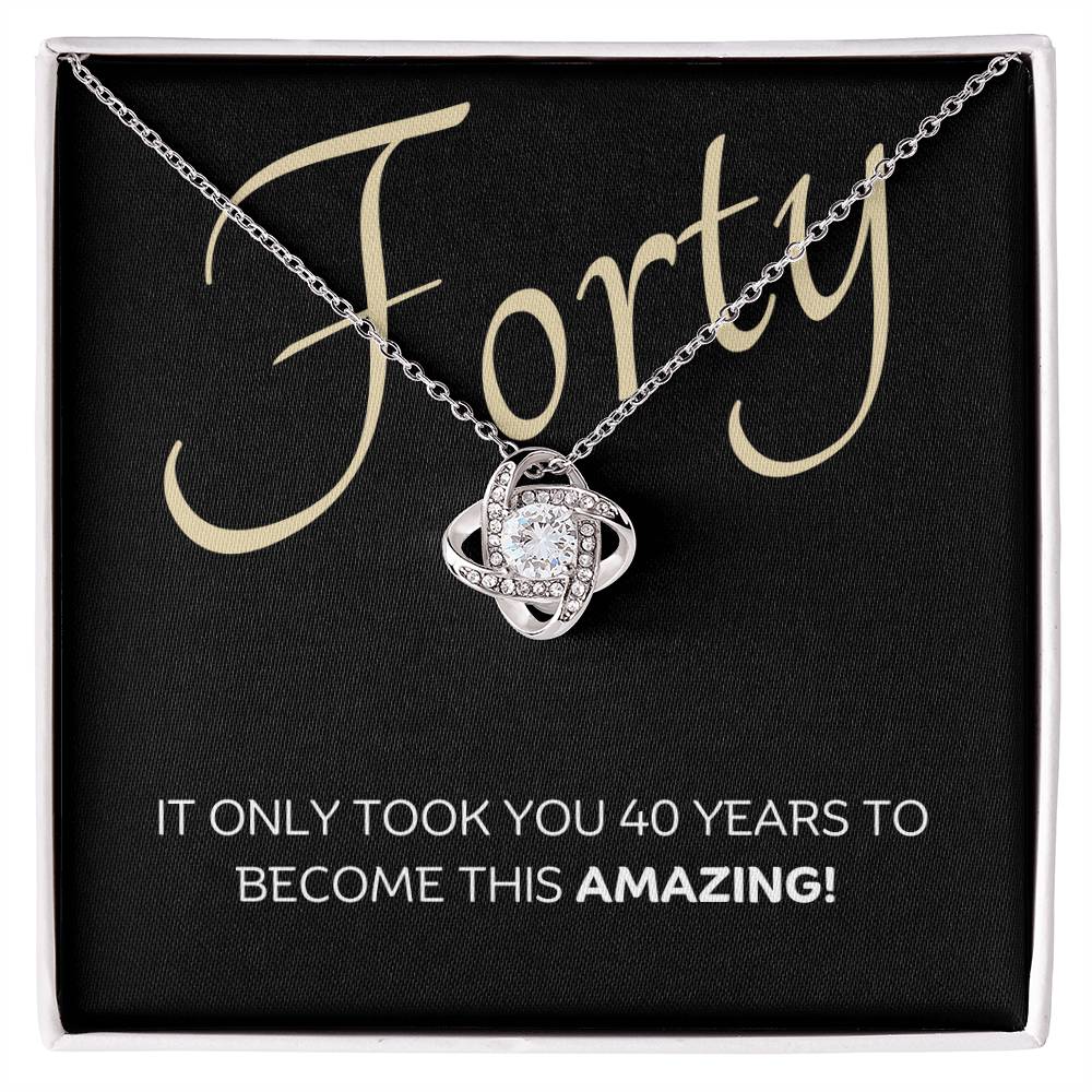 40th Birthday, Beautiful Love Knot 14k or 18k finish Necklace. Features a beautiful pendant embellished with premium cubic zirconia crystals and heartfelt message card.