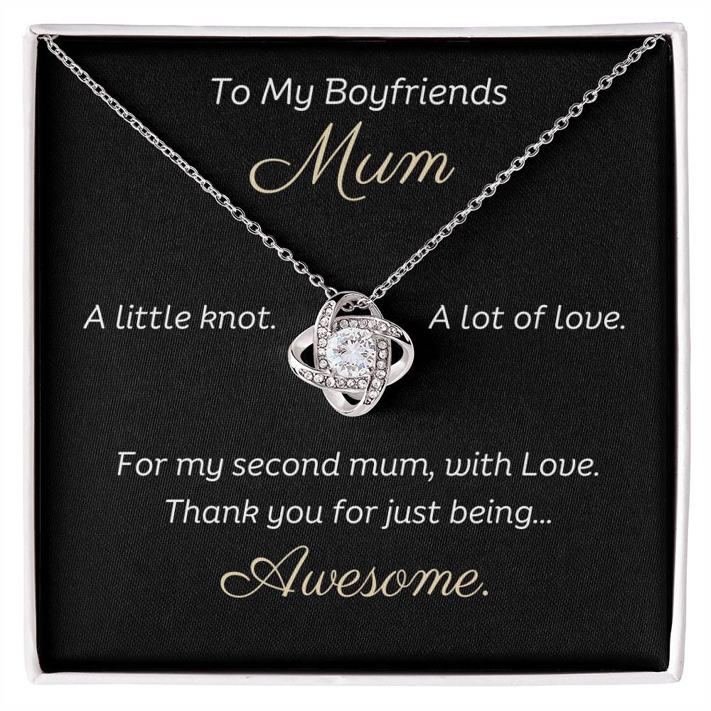 To My Boyfriends Mum Beautiful Love Knot 14k or 18k finish Necklace. Features a beautiful pendant embellished with premium cubic zirconia crystals and heartfelt message card.