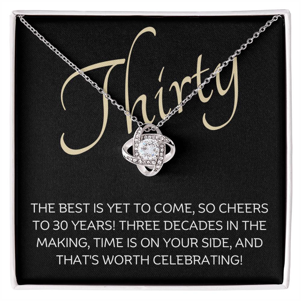 30th Birthday, Beautiful Love Knot 14k or 18k finish Necklace. Features a beautiful pendant embellished with premium cubic zirconia crystals and heartfelt message card.