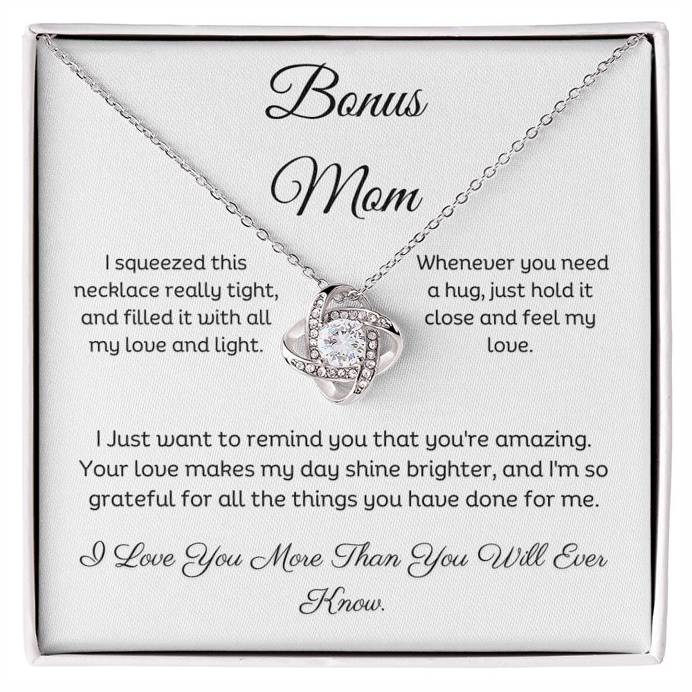 Bonus Mom, Beautiful Love Knot 14k or 18k finish Necklace. Features a beautiful pendant embellished with premium cubic zirconia crystals and heartfelt message card.