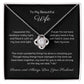 14k white gold or 18k yellow gold finish wife love knot pendant necklace with cubic zirconia crystals, including personalised message