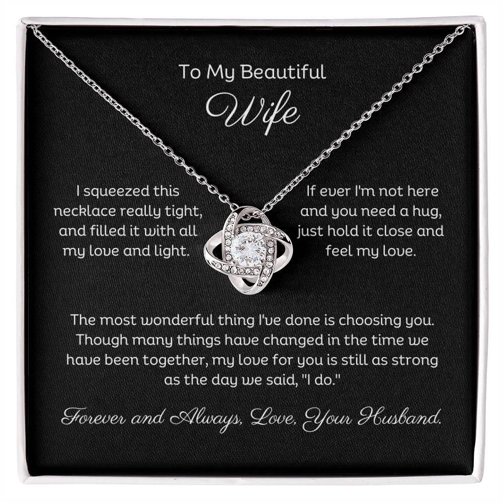 14k white gold or 18k yellow gold finish wife love knot pendant necklace with cubic zirconia crystals, including personalised message