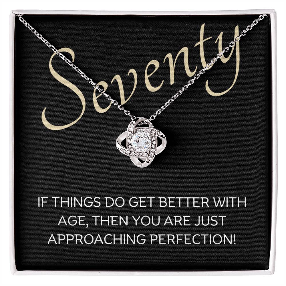 70th Birthday, Beautiful Love Knot 14k or 18k finish Necklace. Features a beautiful pendant embellished with premium cubic zirconia crystals and heartfelt message card.