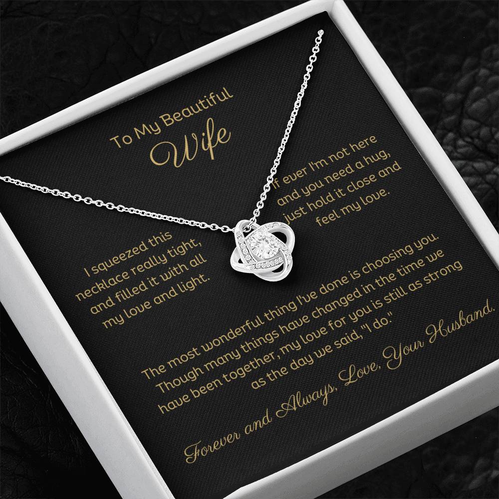 14k white gold or 18k yellow gold finish wife love knot pendant necklace with cubic zirconia crystals, including personalised message